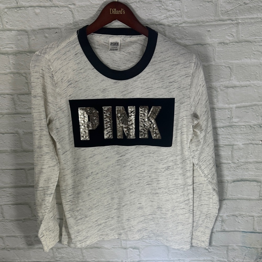 Victoria's Secret Cream and Black Long Sleeve Top with Sequin Detail